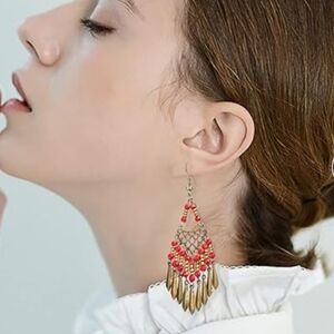 Handmade Vintage Bronze Bohemian Orange Beaded Chandelier EarringsStyle